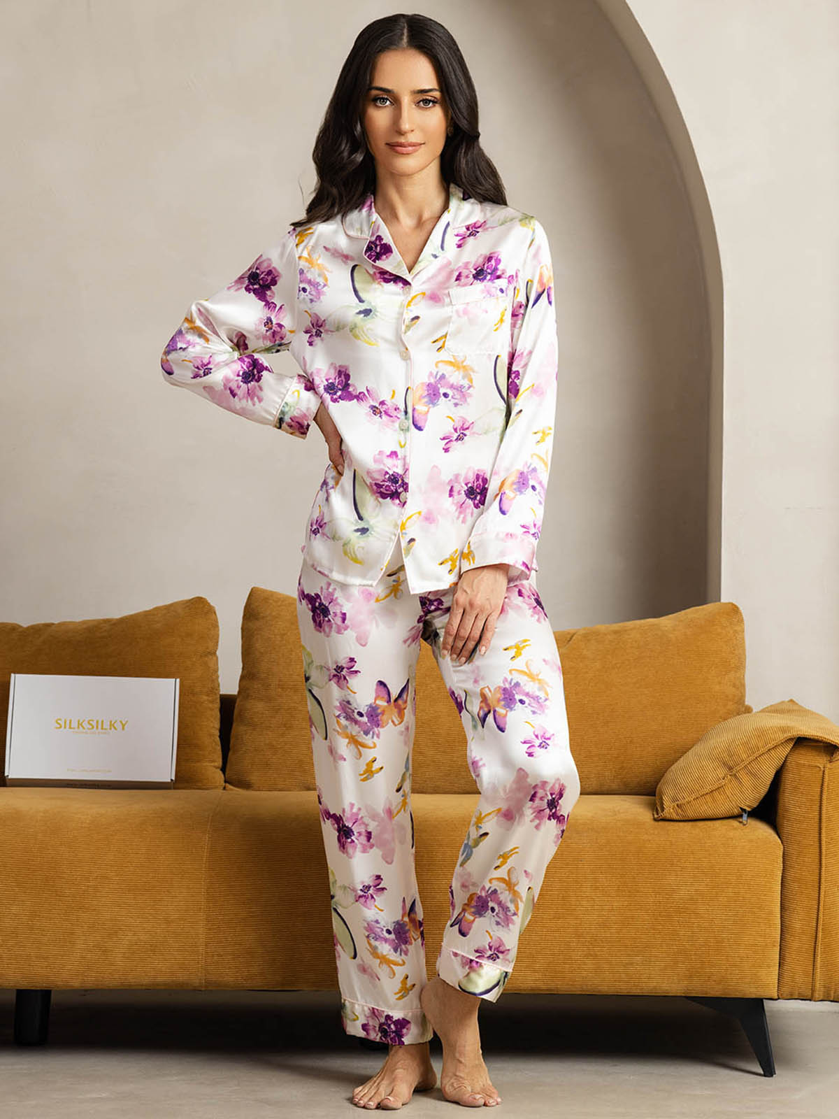 [Watercolor Floral] SilkSilky-AU Pure Silk Womens Pajamas 004