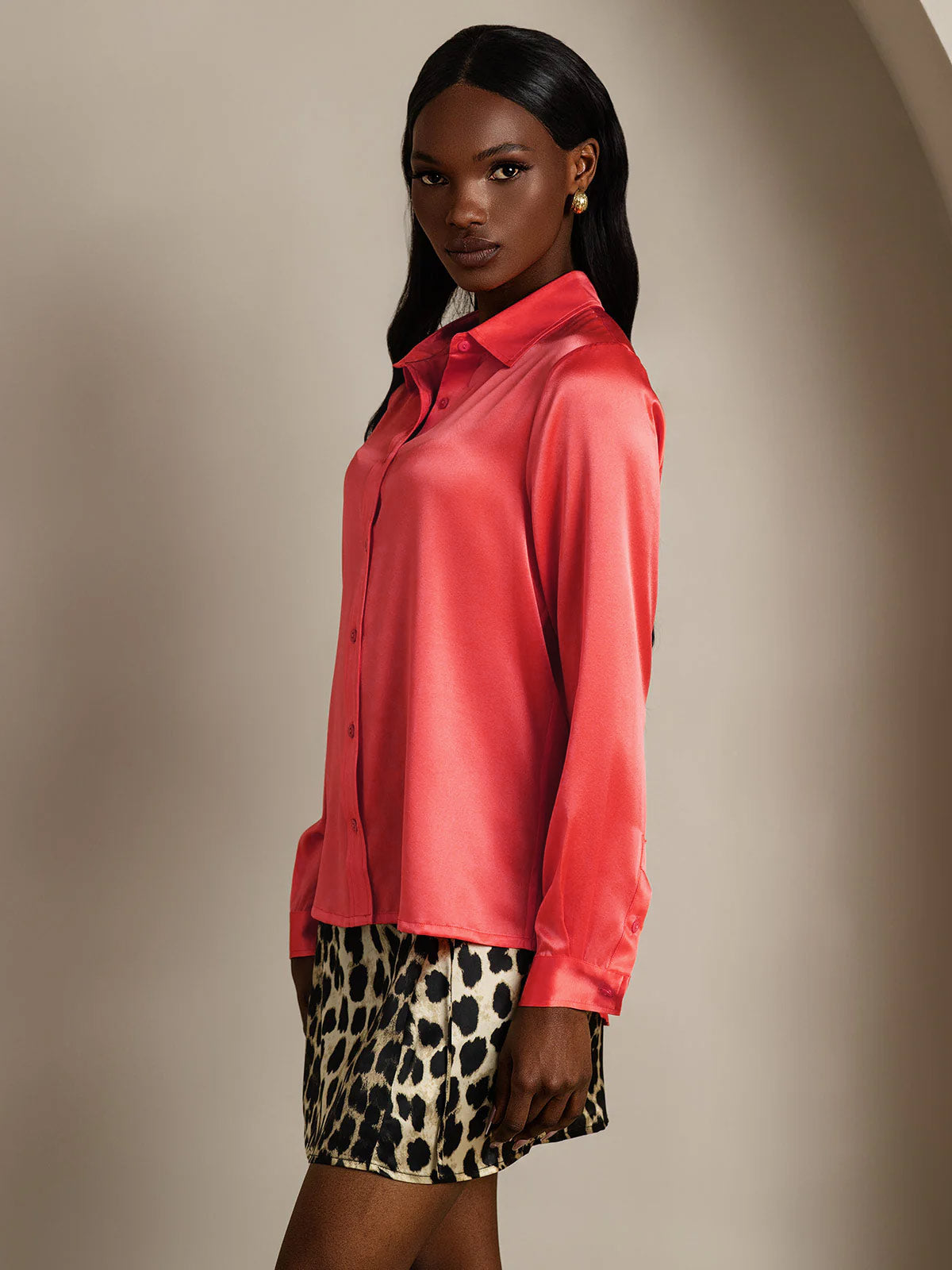 [Imperial Red] SilkSilky-AU 19Momme Stretch Silk Charmeuse Long Sleeve Lapel Collar Women's Shirt 004