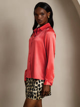 [Imperial Red] SilkSilky-AU 19Momme Stretch Silk Charmeuse Long Sleeve Lapel Collar Women's Shirt 004