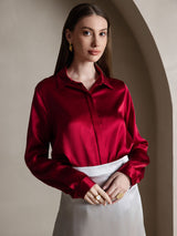 [Wine] SilkSilky-AU 19Momme Stretch Silk Charmeuse Long Sleeve Lapel Collar Women's Shirt 003