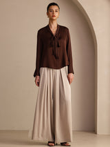 [Bitter Chocolate] SilkSilky-AU Long Sleeve Tie Neck Women's Blouse 006