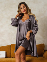 [Purple Gray] SilkSilky-AU 3/4 Sleeve V Neck Nightgown&Dressing Gown Set 001