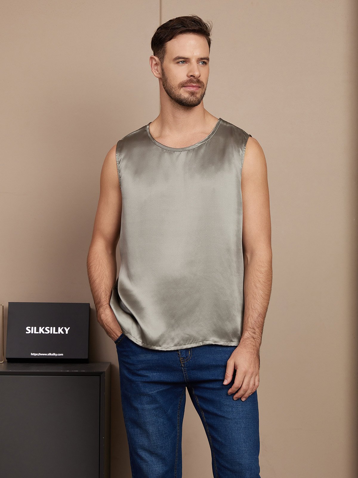 SilkSilky AU Pure Silk Sleeveless Mens T Shirt GrayishGreen 003