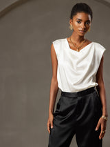 [White] SilkSilky-AU Cap Sleeve Cowl Neck Women's T-Shirt 005
