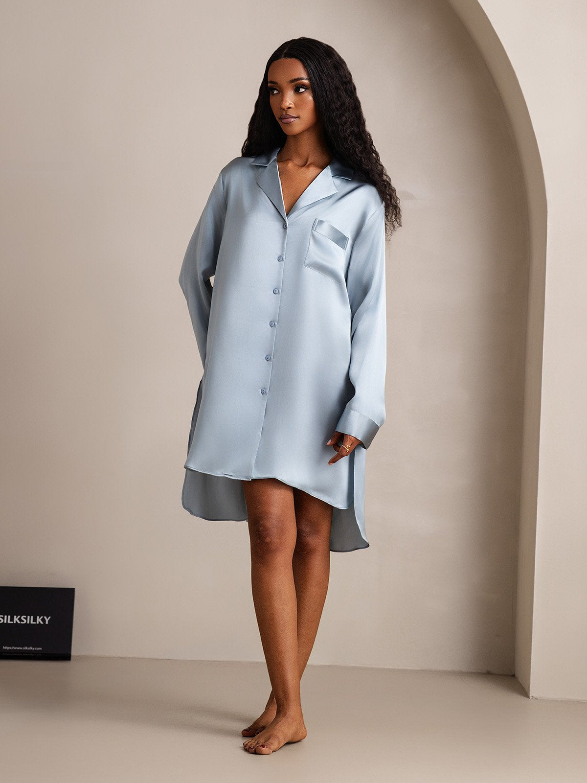 [GrayishBlue] SilkSilky-AU Pure Silk Lapel Collar Nightgown 004