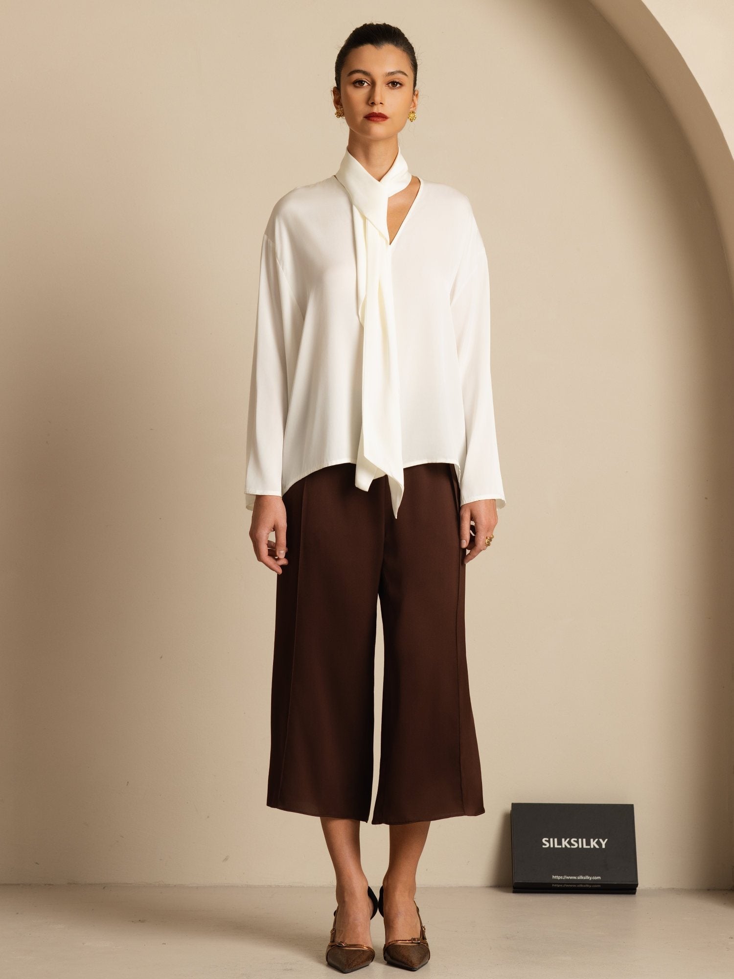 [White] SilkSilky-AU 19Momme Stretch Silk Double Georgette Long Sleeve V Neck Blouse 008