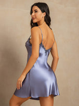 [Steel Blue] SilkSilky-AU Spaghetti Strap V Neck Nightgown 002