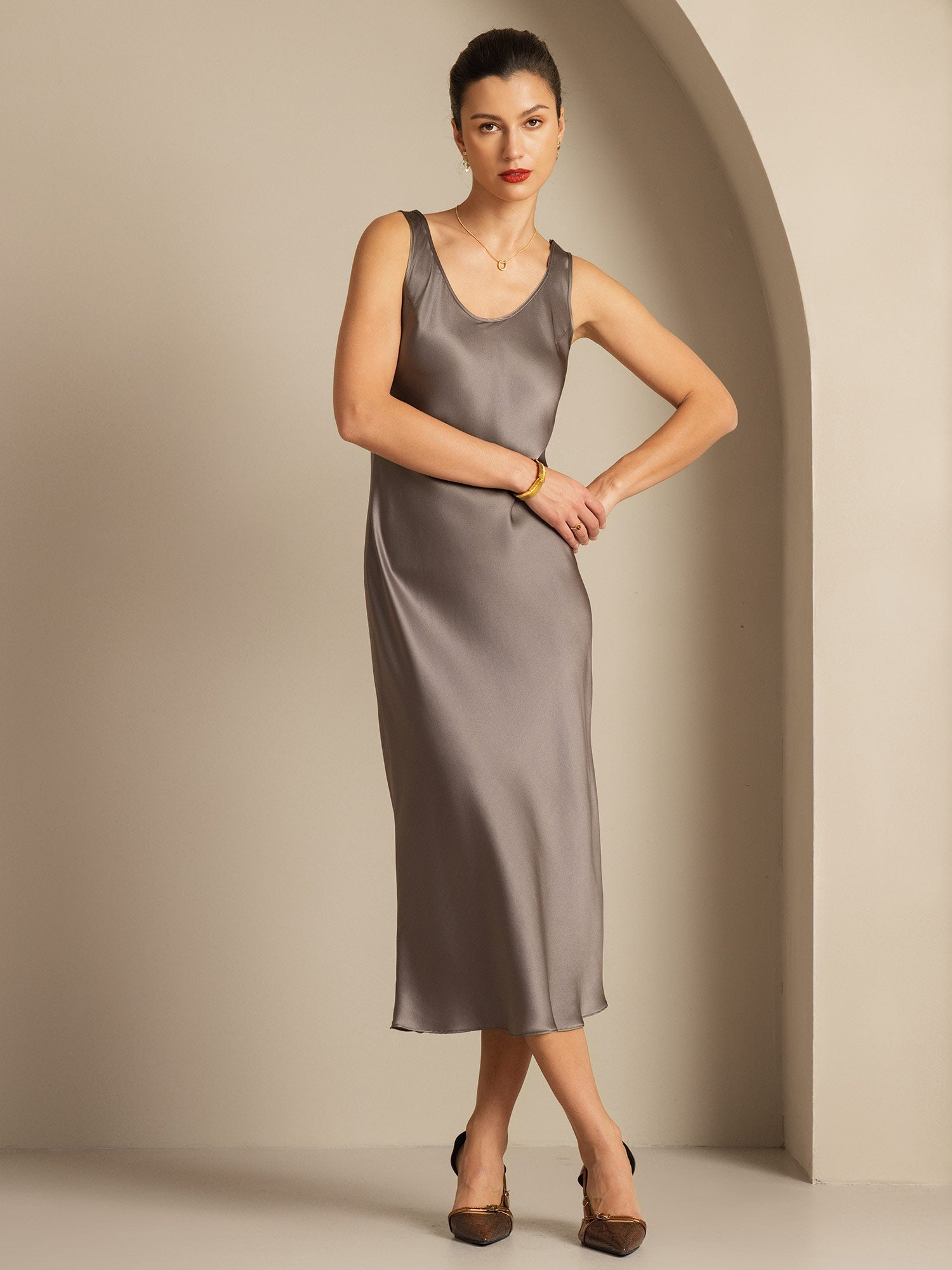 [Dark Khaki] SilkSilky-AU Pure Silk Boat Neck Dress 003,