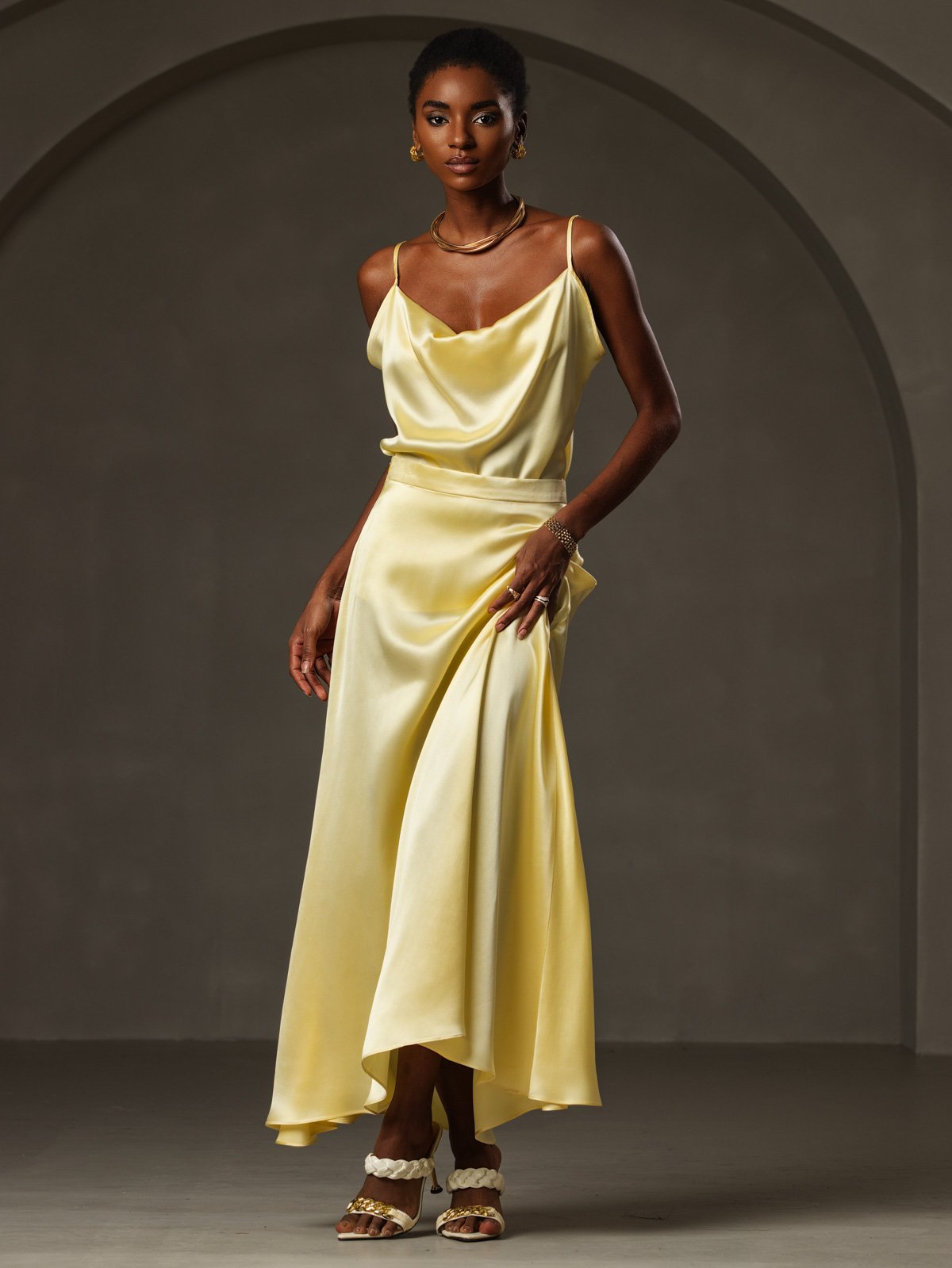 [Yellow] SilkSilky-AU 19Momme Silk Spaghetti Strap Cowl Neck Camisole 005