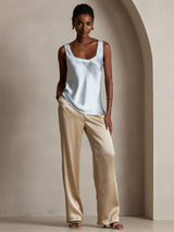 [Light Blue] SilkSilky-AU 19Momme Stretch Silk Charmeuse Sleeveless Scoop Neck Camisole 001
