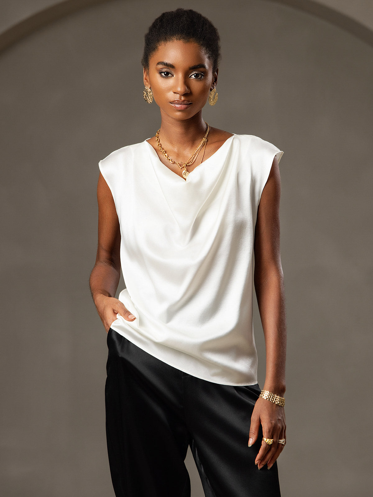 [White] SilkSilky-AU 19Momme Silk Cowl Neck Women's T-Shirt 004