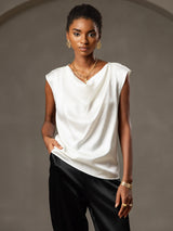 [White] SilkSilky-AU Cap Sleeve Cowl Neck Women's T-Shirt 004
