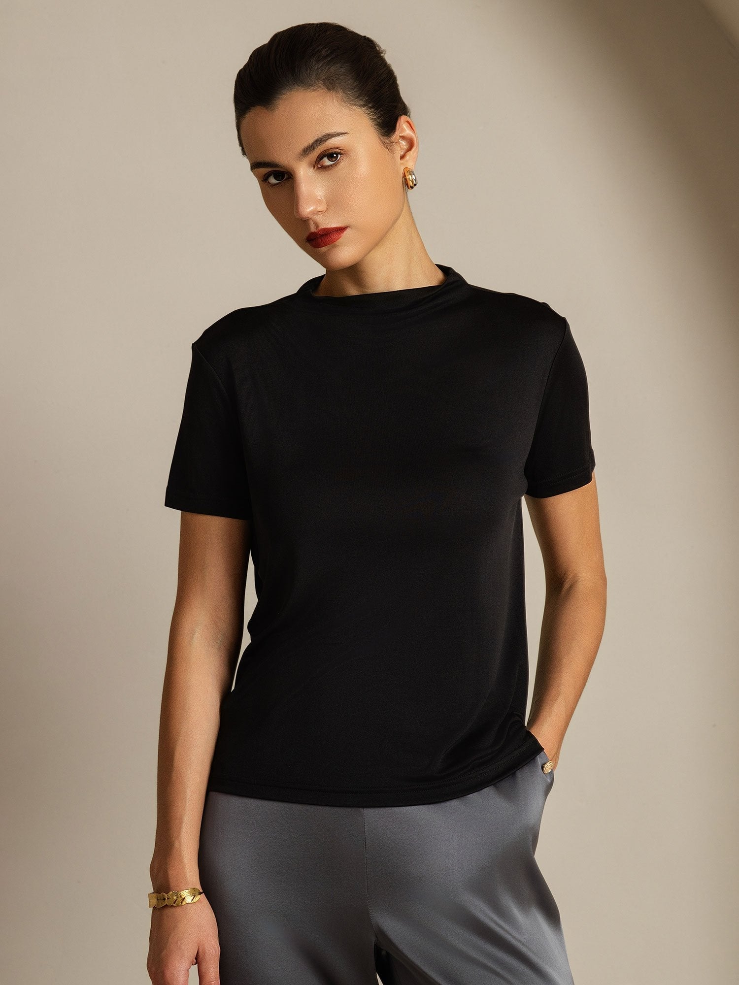 [Black] SilkSilky-AU Pure Silk Collar Women's T-Shirt 001