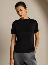 [Black] SilkSilky-AU 100% Silk Jersey Short Sleeve Mock Neck Women's T-Shirt 001