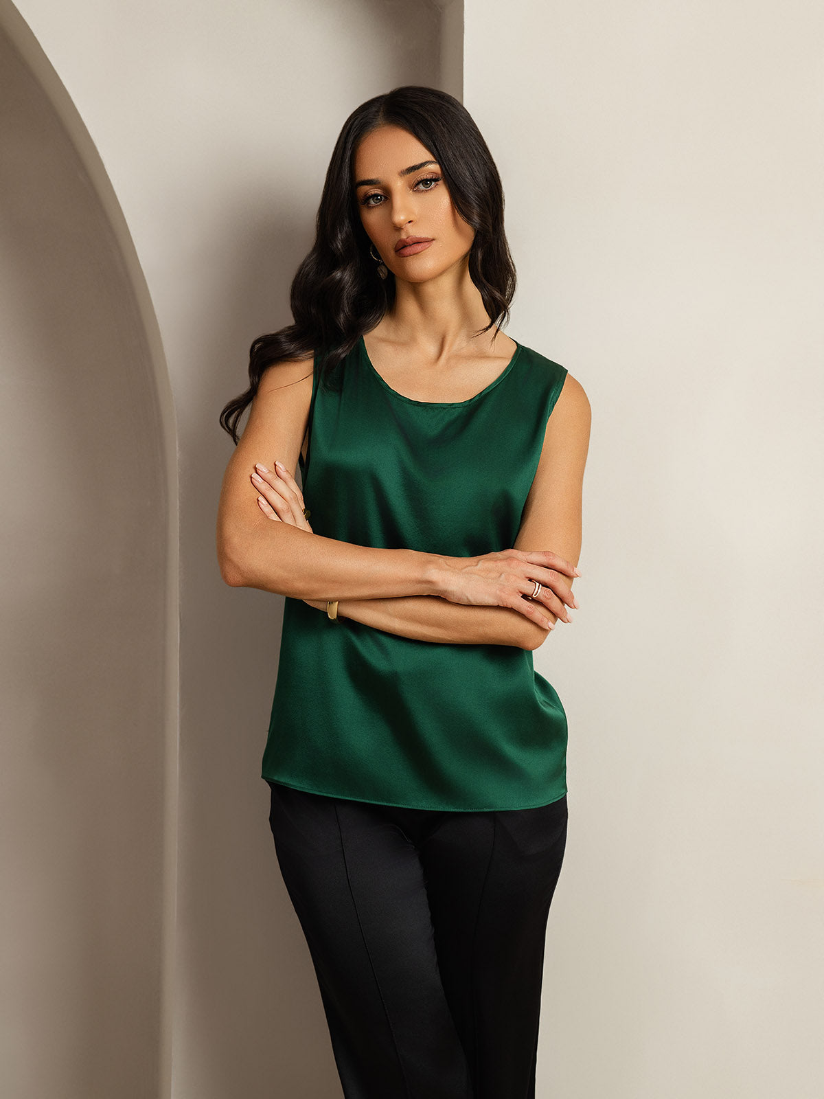 [Dark Green] SilkSilky-AU 19Momme Silk Round Neck Camisole 007