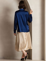 [Dark Blue] SilkSilky-AU 19Momme Stretch Silk Charmeuse Long Sleeve Lapel Collar Women's Shirt 002