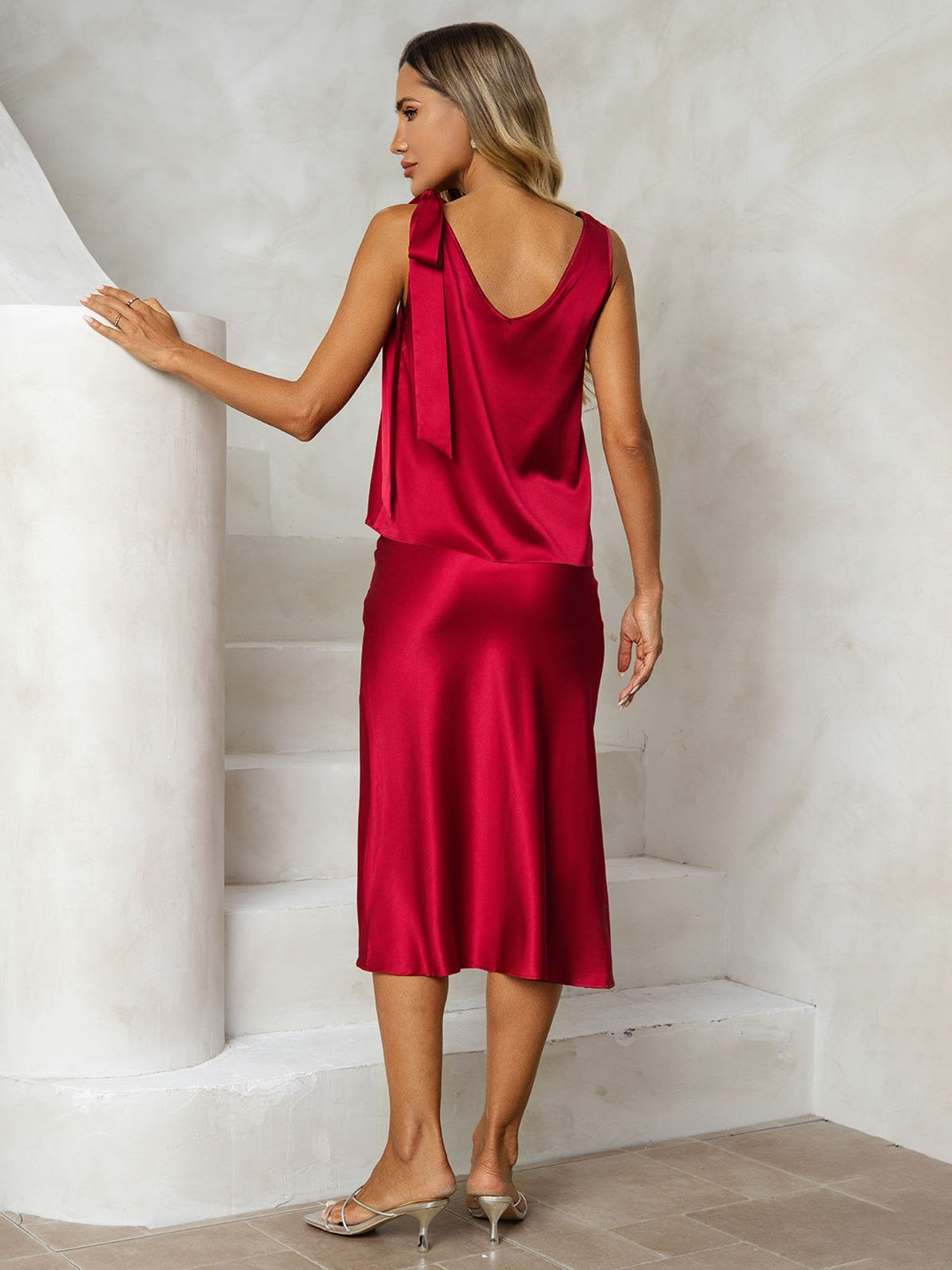 [Wine] SilkSilky-AU 19Momme Silk V Neck Women''s Outfit Sets 002