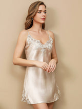 [Beige] SilkSilky-AU Spaghetti Strap V Neck Nightgown 003