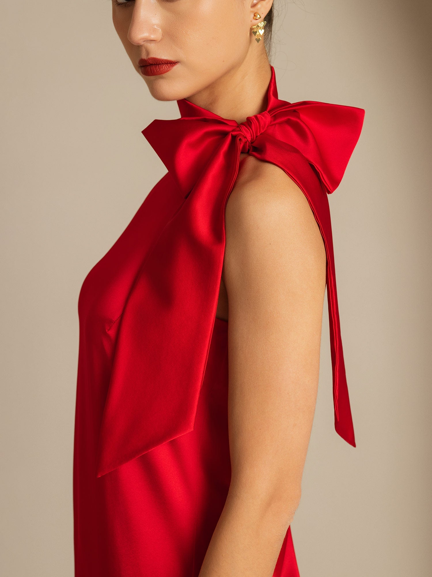 [Red] SilkSilky-AU 19Momme Silk Tie Neck Dress 004,