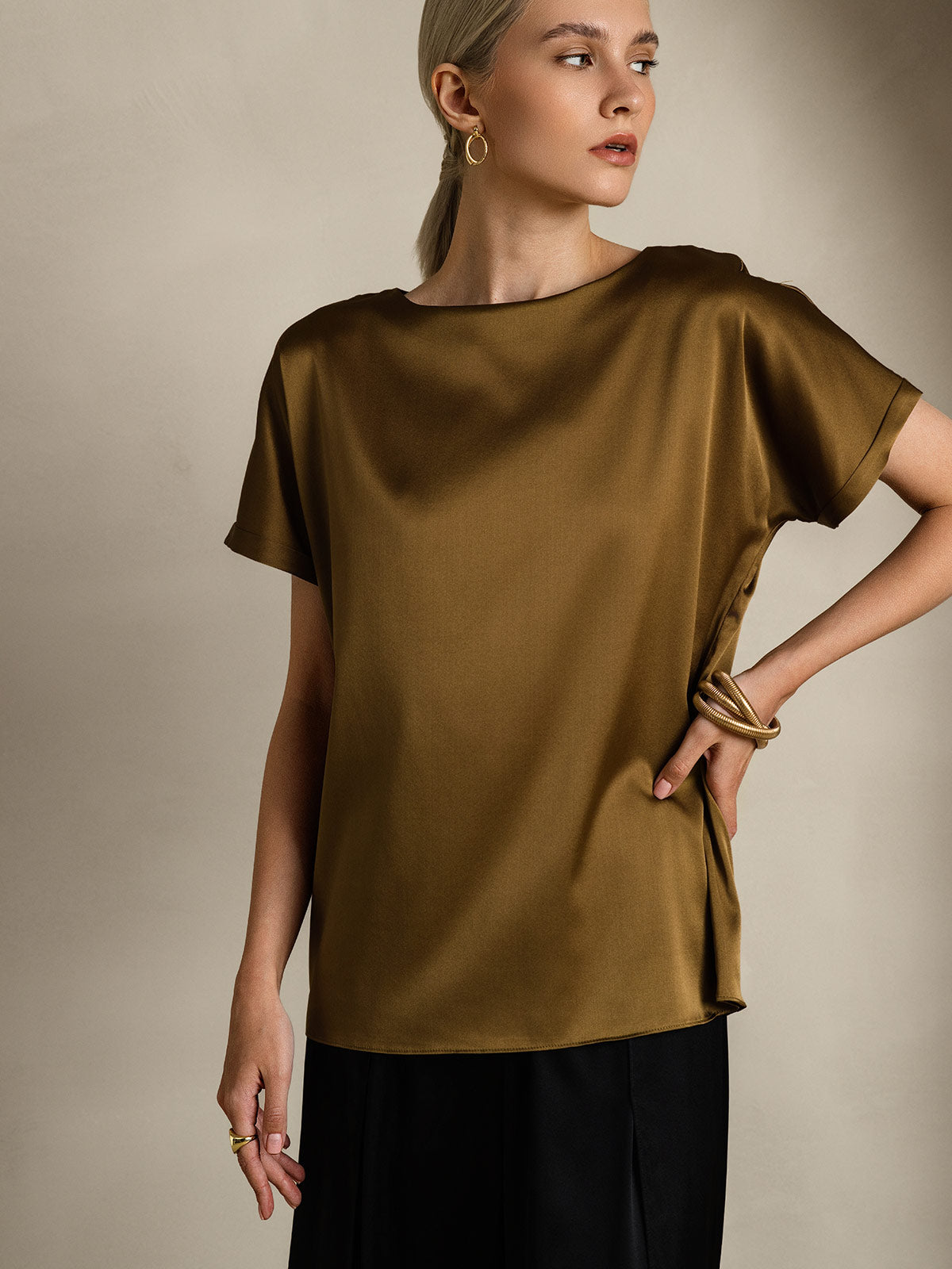 [Brown] SilkSilky-AU 19Momme Silk Short Sleeve Round Neck Women's T-Shirt 005