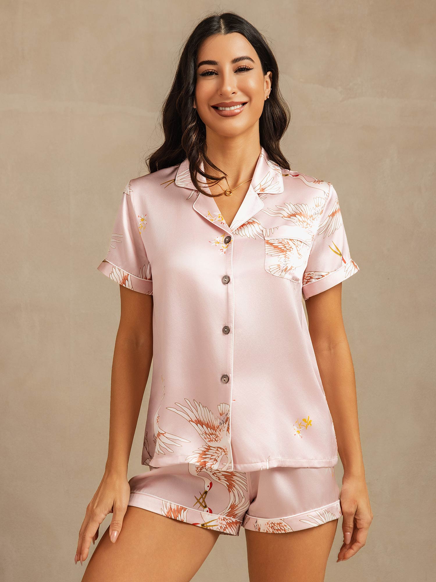 [Pink] SilkSilky-AU 19Momme Pure Silk Short Sleeve Notch Collar Women's Pyjamas 001