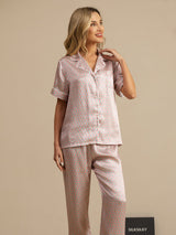 [Pink Heart Geo] SilkSilky-AU Short Sleeve Lapel Collar Women's Pyjamas 003