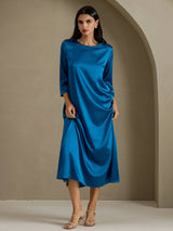 [Teal] SilkSilky-AU 3/4 Sleeve Round Neck Dress 007