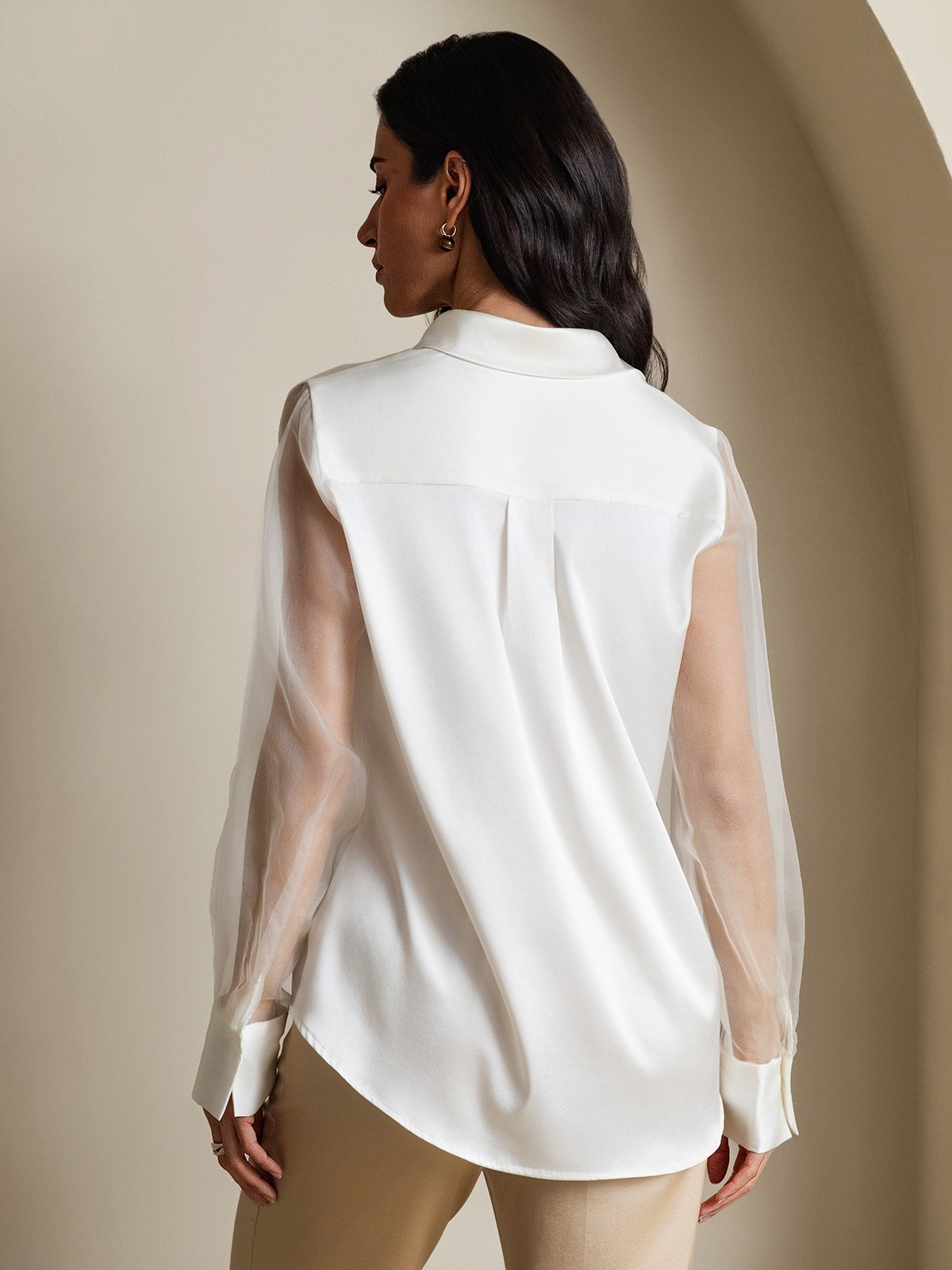 [White] SilkSilky-AU 19Momme Silk Lapel Collar Women's Shirt 002