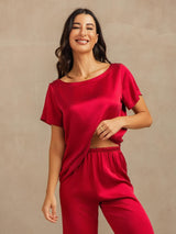 [Wine] SilkSilky-AU 19Momme Machine-Washable Silk Short Sleeve Women's Pyjamas 008