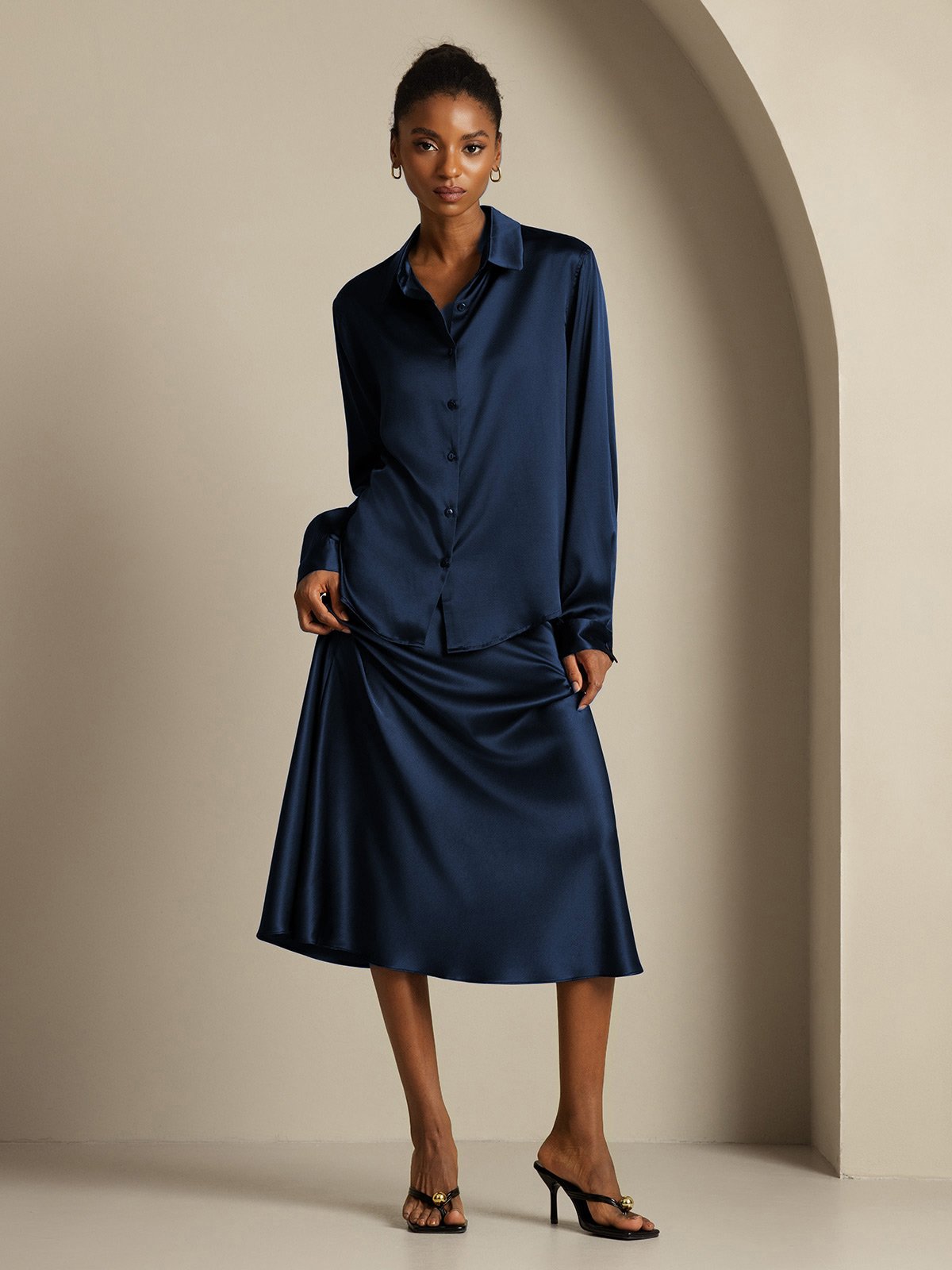 [Dark Blue] SilkSilky-AU 19Momme Silk Knitted Lapel Collar Women''s Outfit Sets 007,