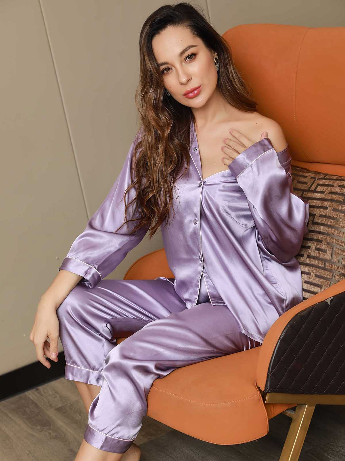 SilkSilky-AU Pure Silk Long Sleeve Lapel Women's Pyjamas Lavender 001