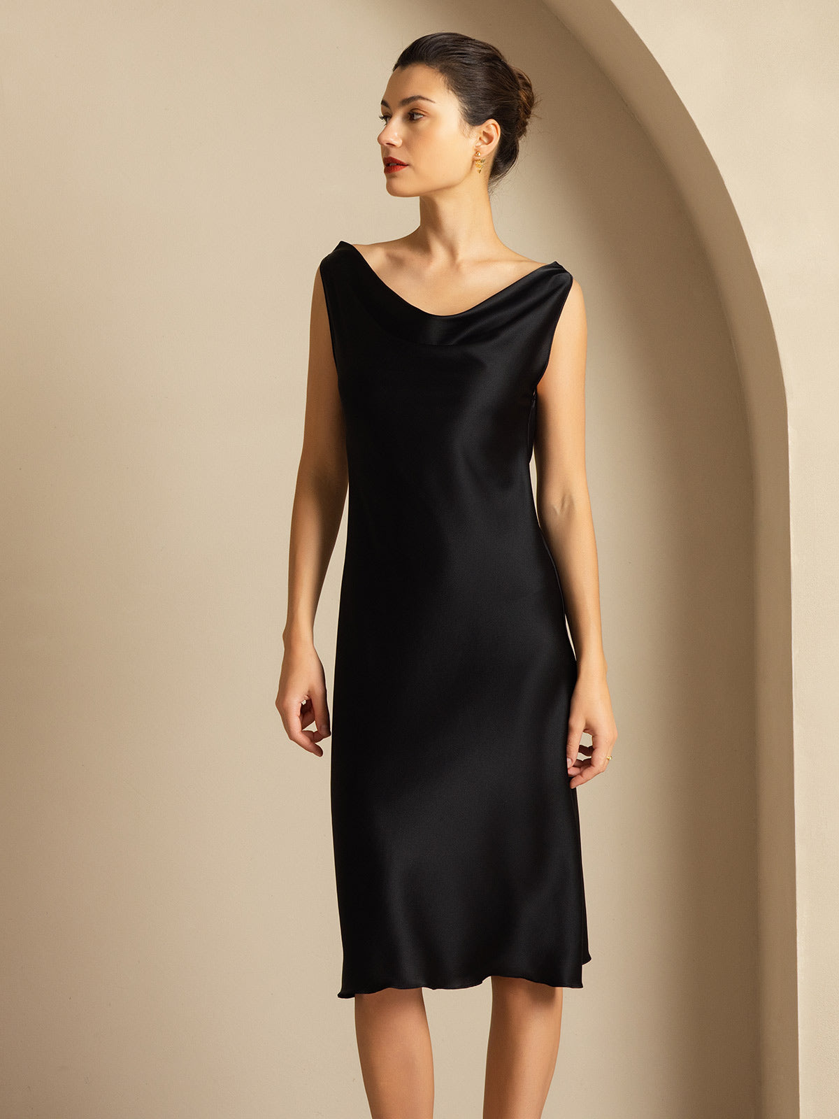 [Black] SilkSilky-AU 19Momme Silk Cowl Neck Dress 007