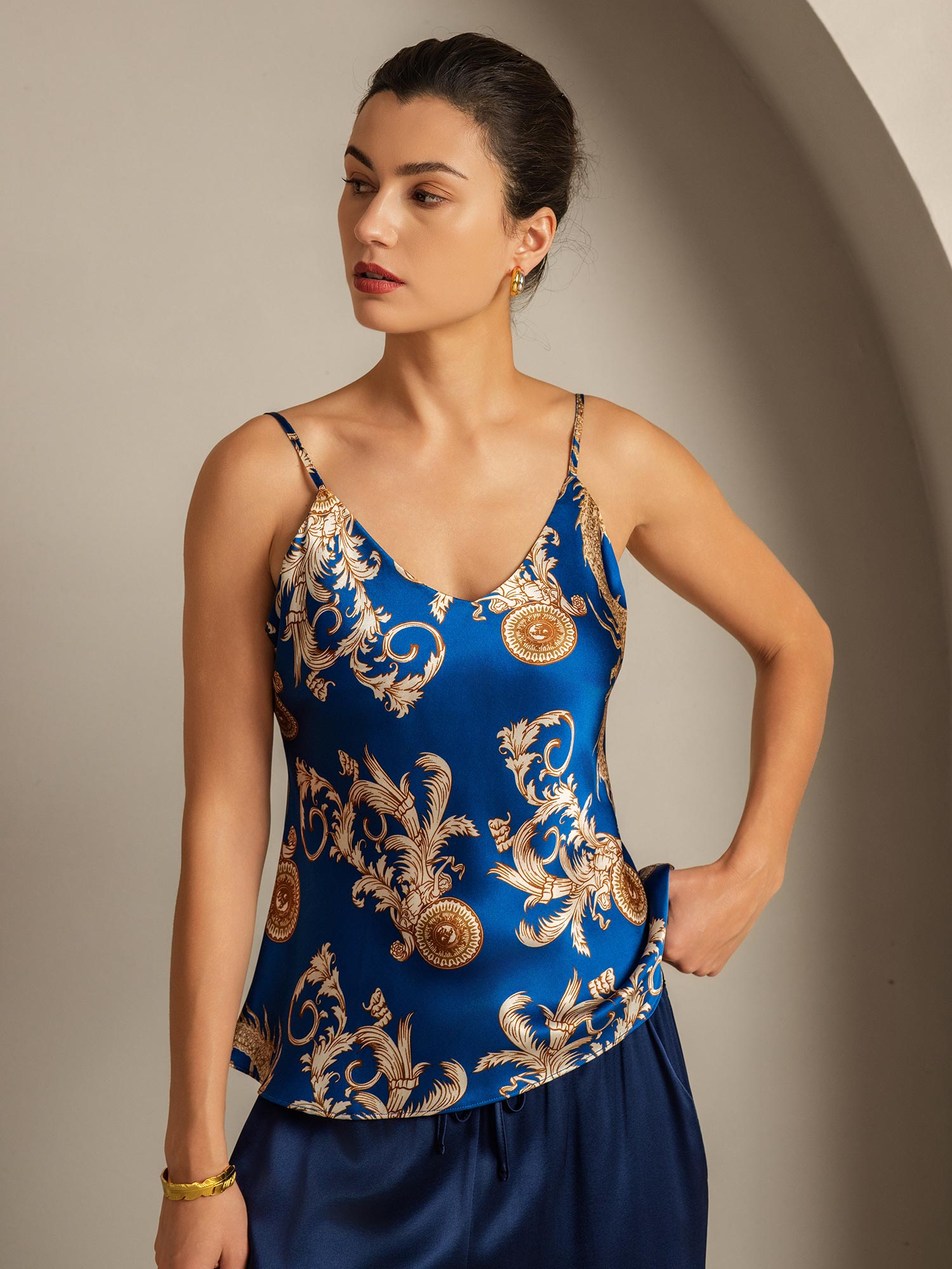 [Navy Dragon] SilkSilky-AU Pure Silk V Neck Camisole 001,