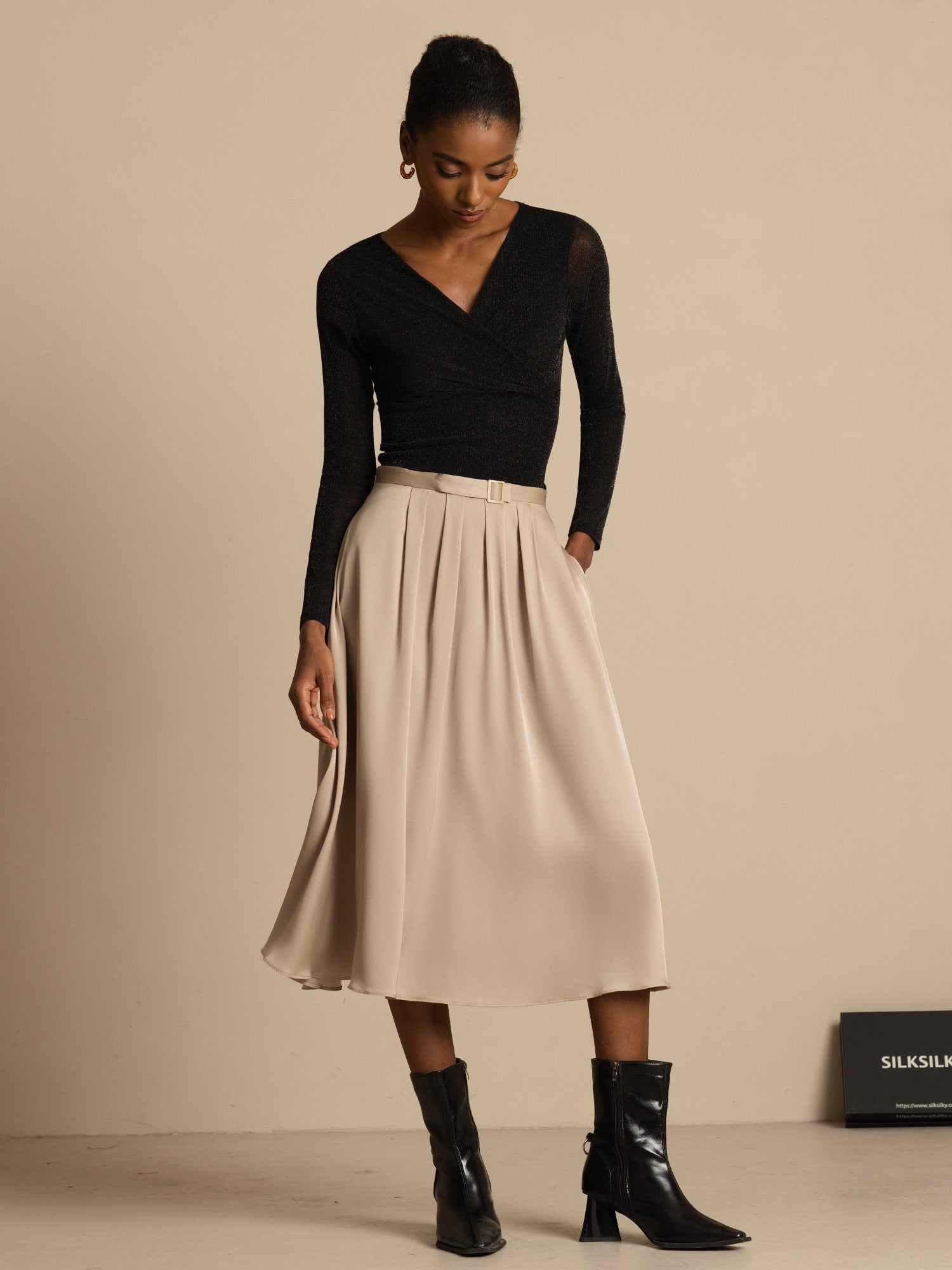 [Tan] SilkSilky-AU 19Momme Stretch Silk Double Georgette Skirt 006