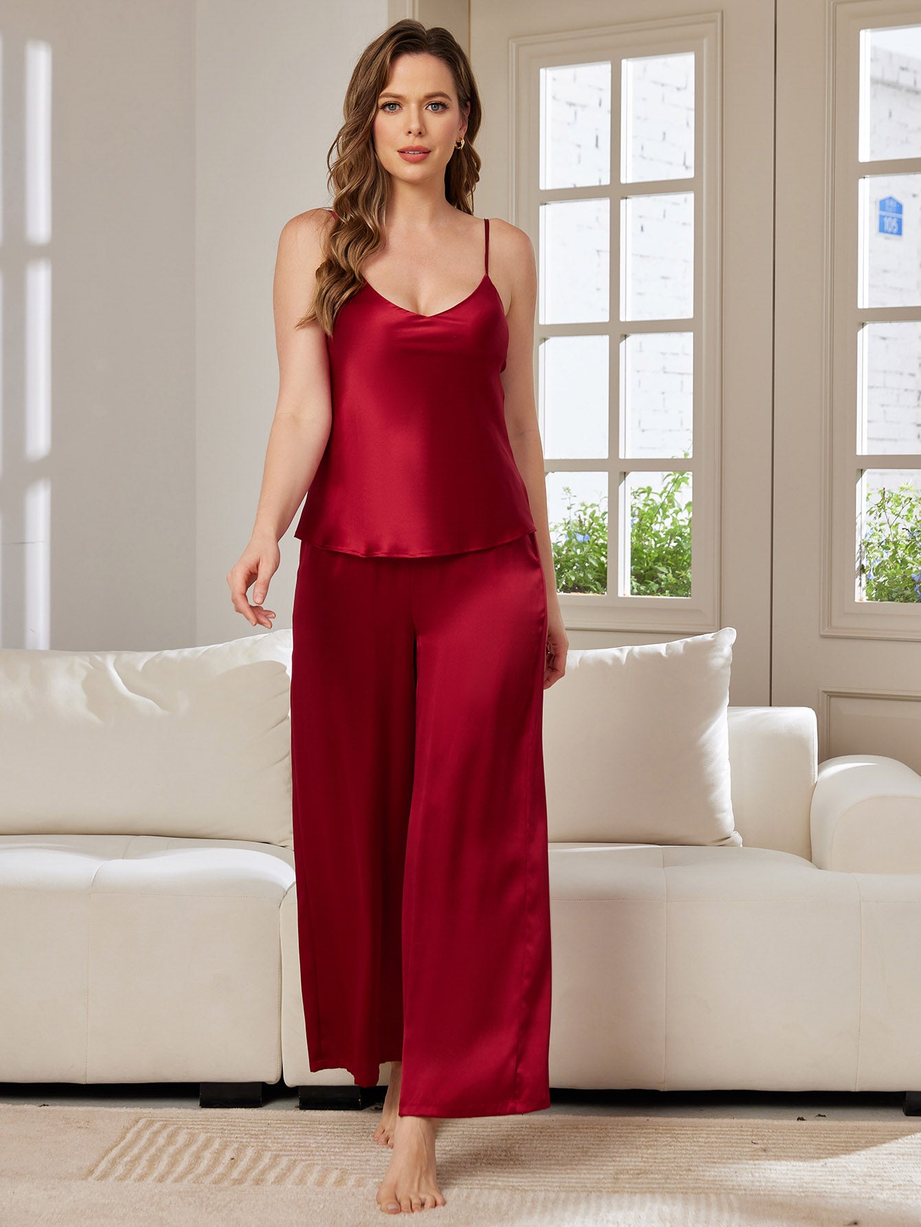 SilkSilky AU Pure Silk Sleeveless V Neck Camisole Set Wine 003