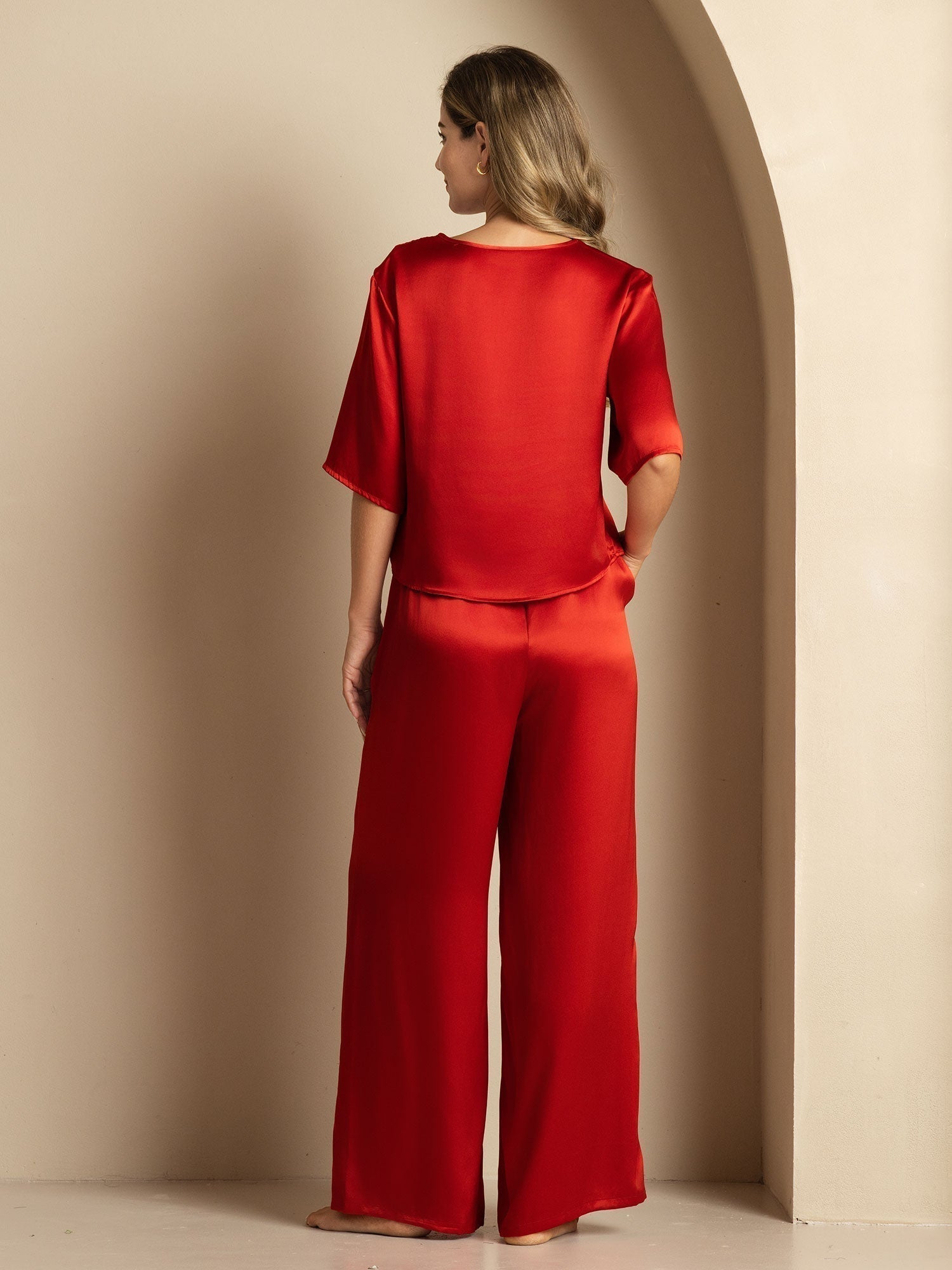 [Wine] SilkSilky-AU Half Sleeve Round Neck Women's Pyjamas 002