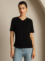 [Black] SilkSilky-AU 100% High-Twist Silk Jersey Short Sleeve V Neck Women's T-Shirt 005