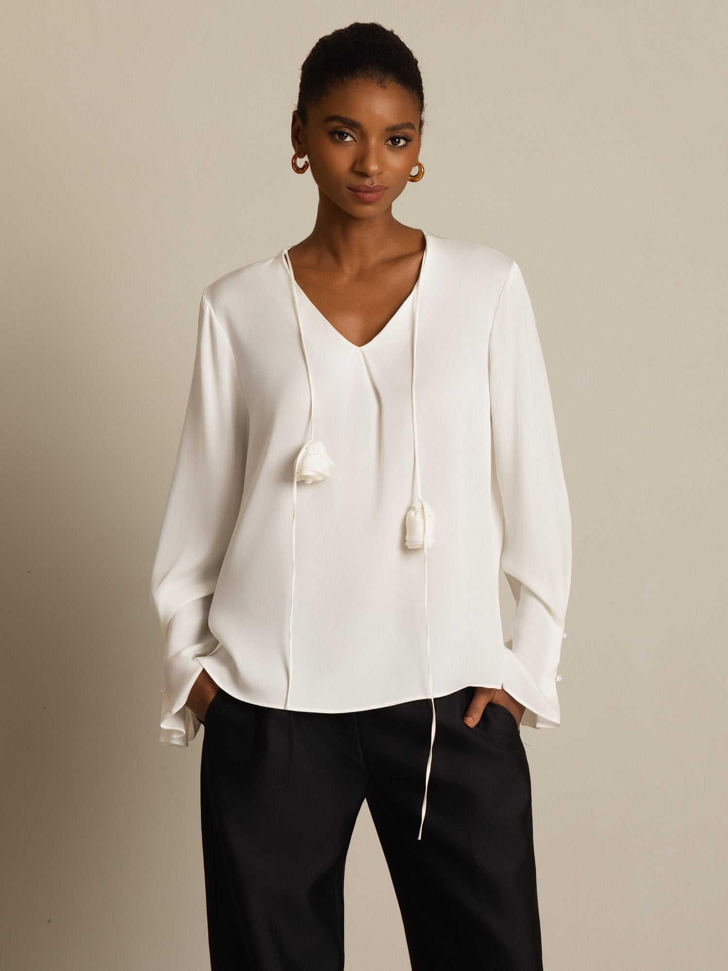 [White] SilkSilky-AU 19Momme Stretch Silk Double Georgette Long Sleeve V Neck Blouse 003