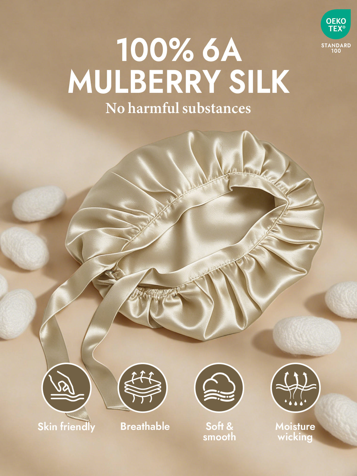 [Beige] SilkSilky-AU Pure Silk Sleep Cap 002