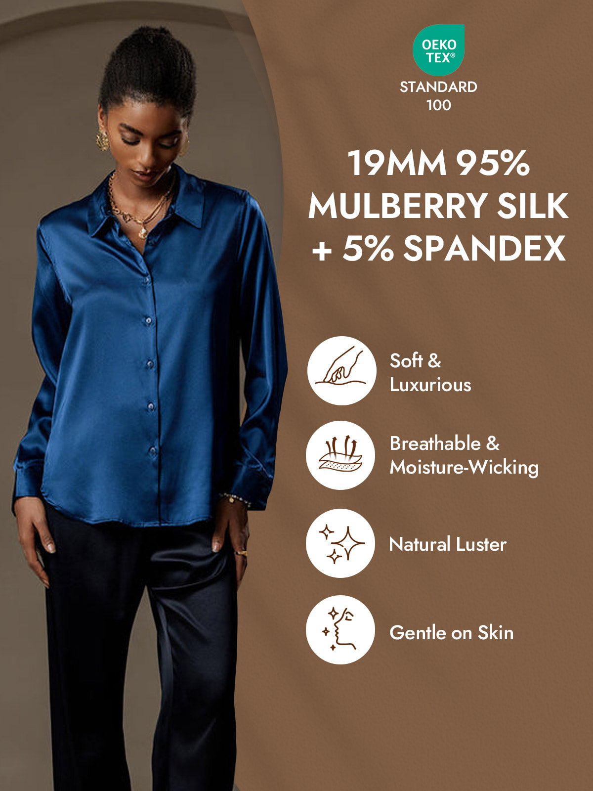 [Teal] SilkSilky-AU Silk Long Sleeve Lapel Collar Women's Shirt 004