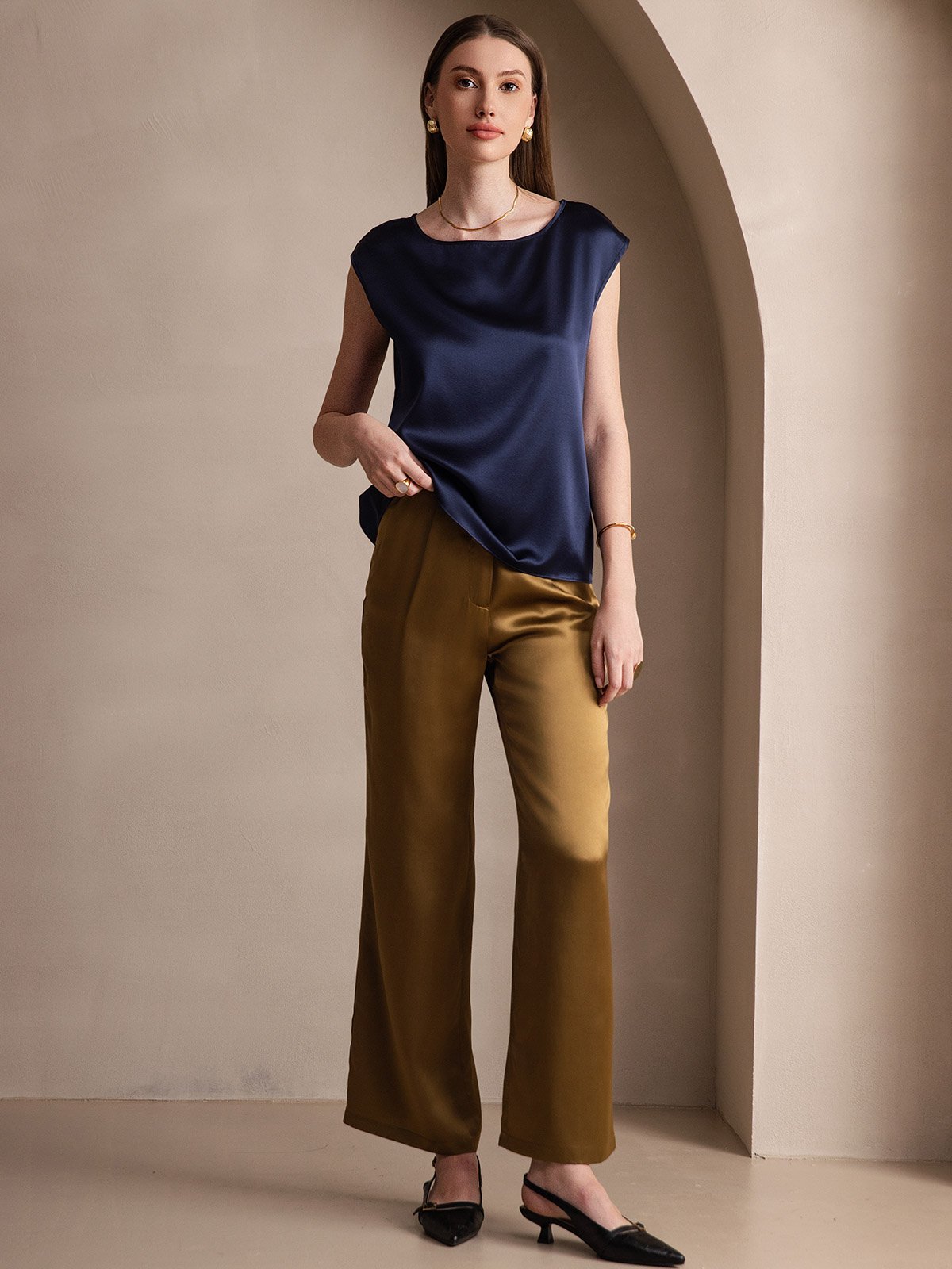 [Dark Blue] SilkSilky-AU 19Momme Stretch Silk Charmeuse Cap Sleeve Round Neck Women's T-Shirt 005