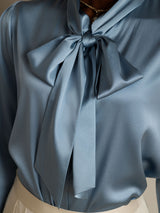 [Grayish Blue] SilkSilky-AU 19Momme Stretch Silk Charmeuse Long Sleeve Tie Neck Blouse 008