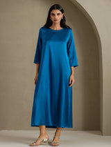 [Teal] SilkSilky-AU 3/4 Sleeve Round Neck Dress 005