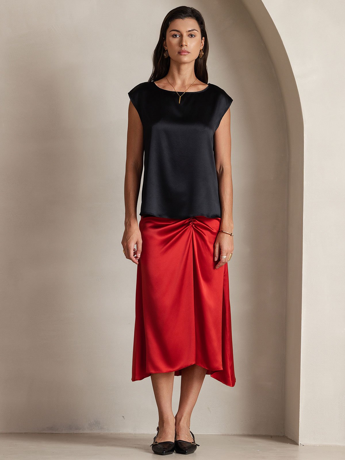 [Black] SilkSilky-AU 19Momme Stretch Silk Charmeuse Cap Sleeve Round Neck Women's T-Shirt 004