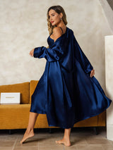 [Dark Blue] SilkSilky-AU Long Sleeve V Neck Nightgown&Dressing Gown Set 002