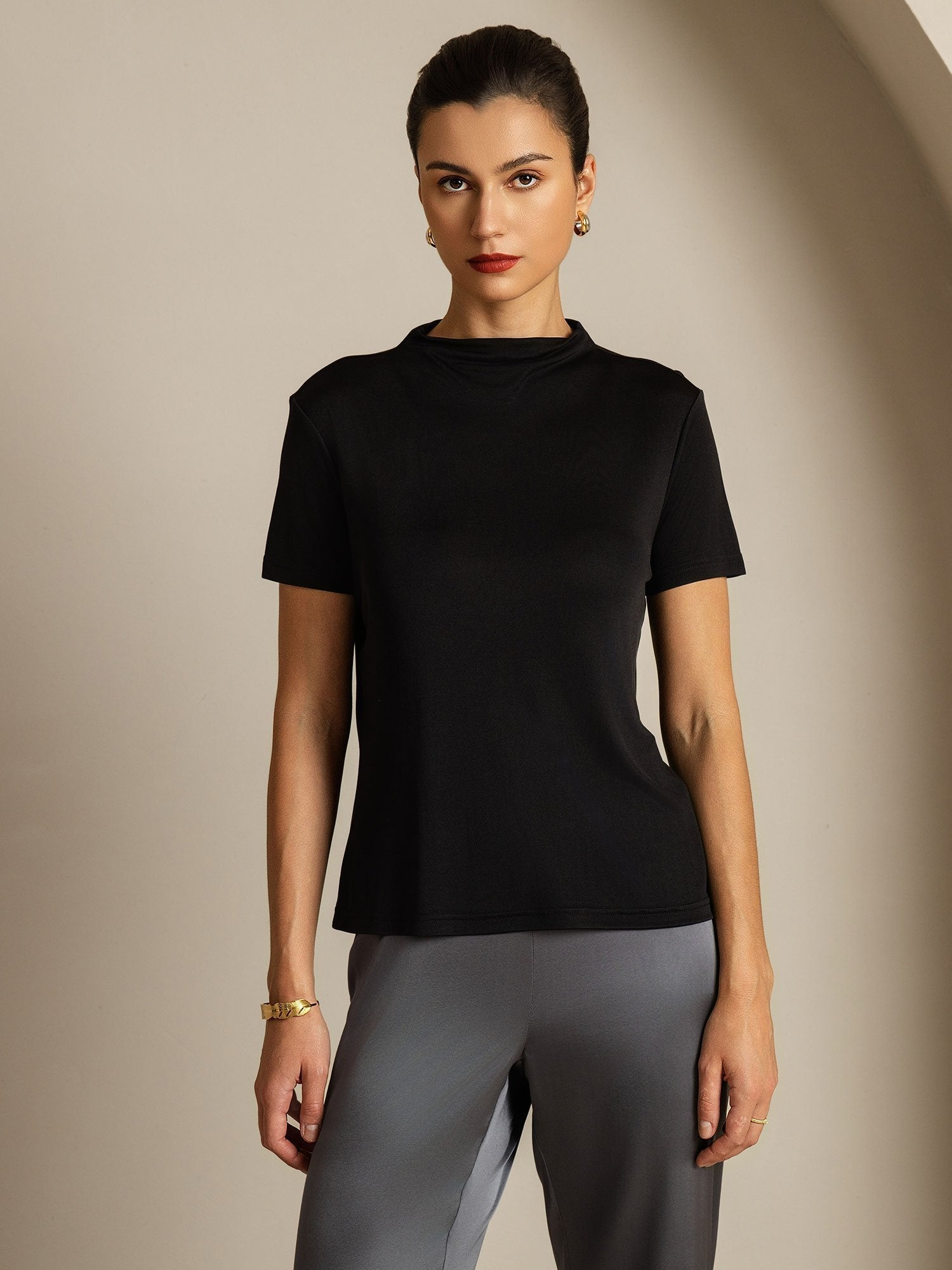 [Black] SilkSilky-AU Pure Silk Collar Women's T-Shirt 003