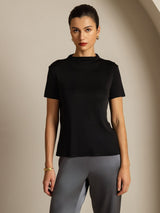 [Black] SilkSilky-AU 100% Silk Jersey Short Sleeve Mock Neck Women's T-Shirt 003