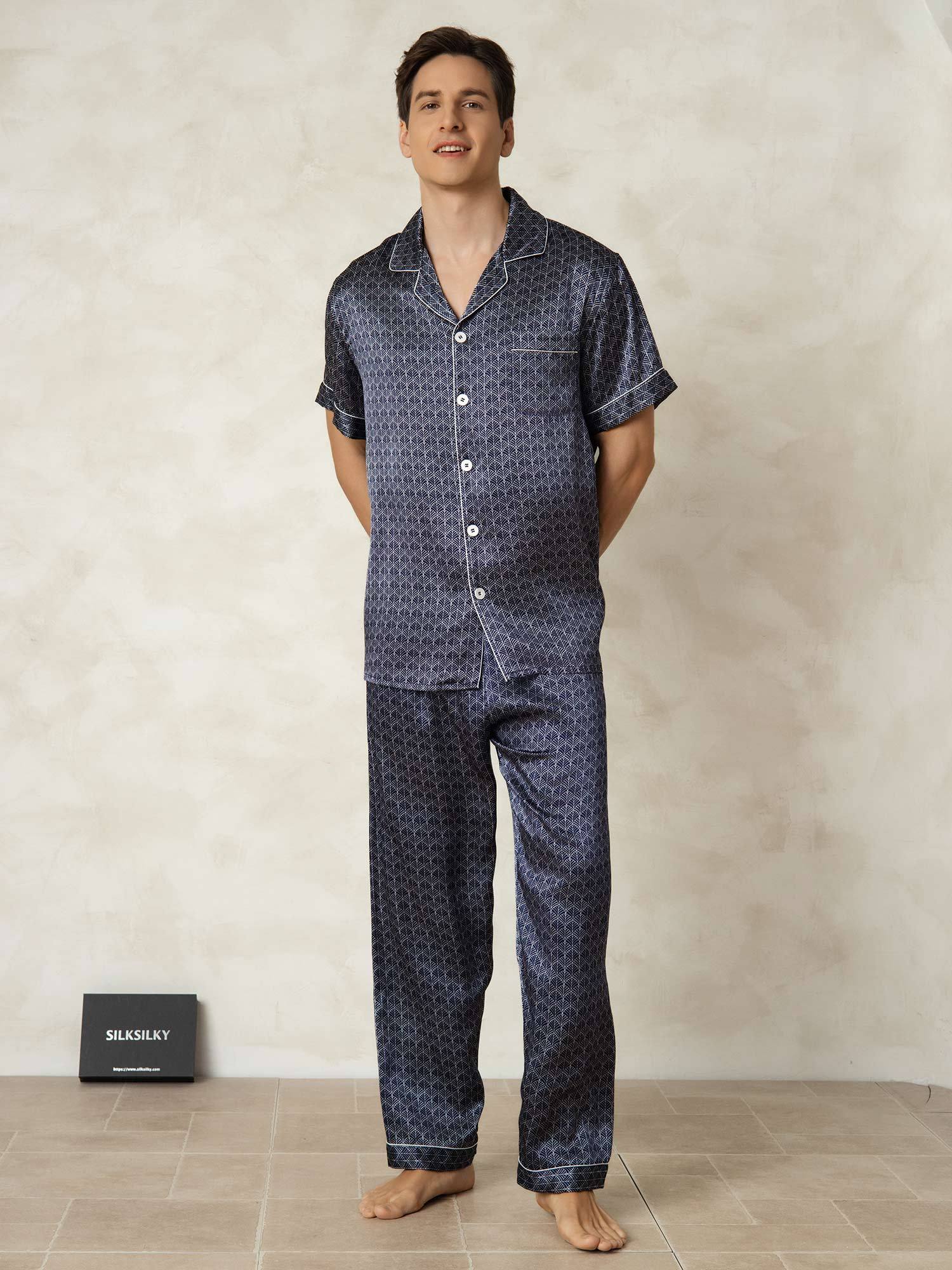 [NavyGinkgo] SilkSilky-AU Pure Silk Lapel Collar Men's Pyjamas 006