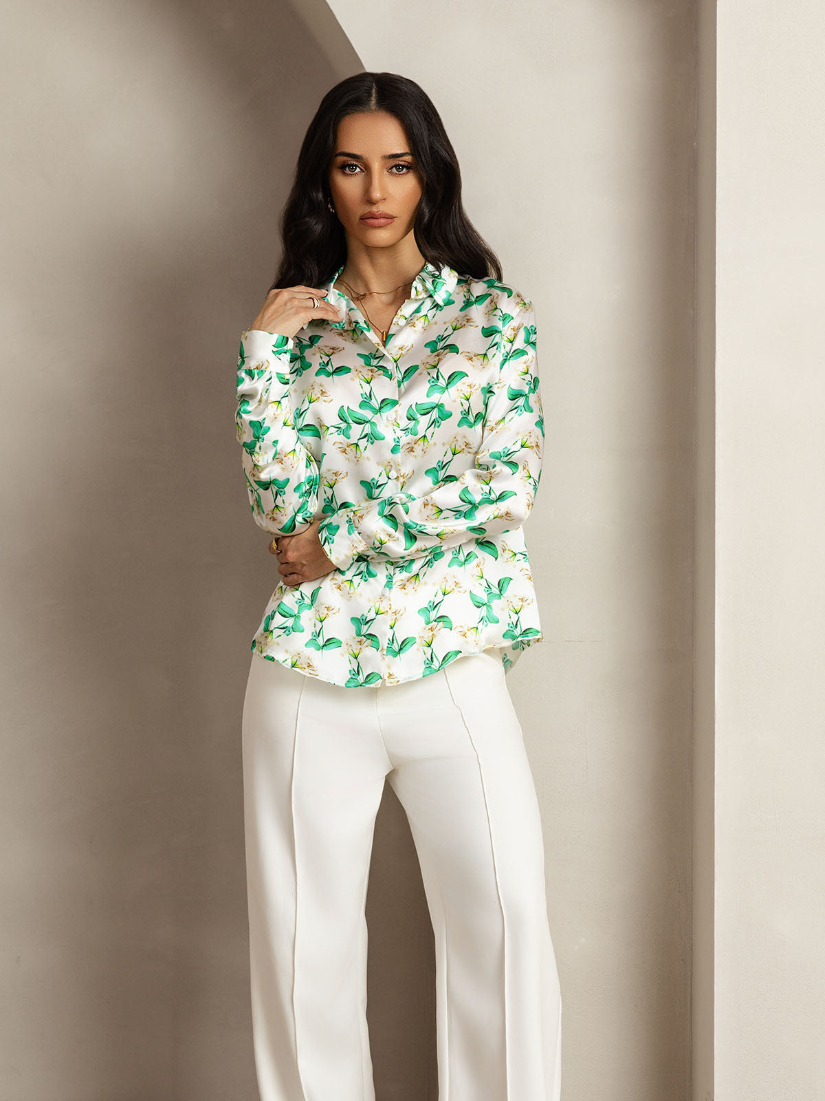 [Green Floral] SilkSilky-AU Silk Long Sleeve Lapel Collar Women's Shirt 008