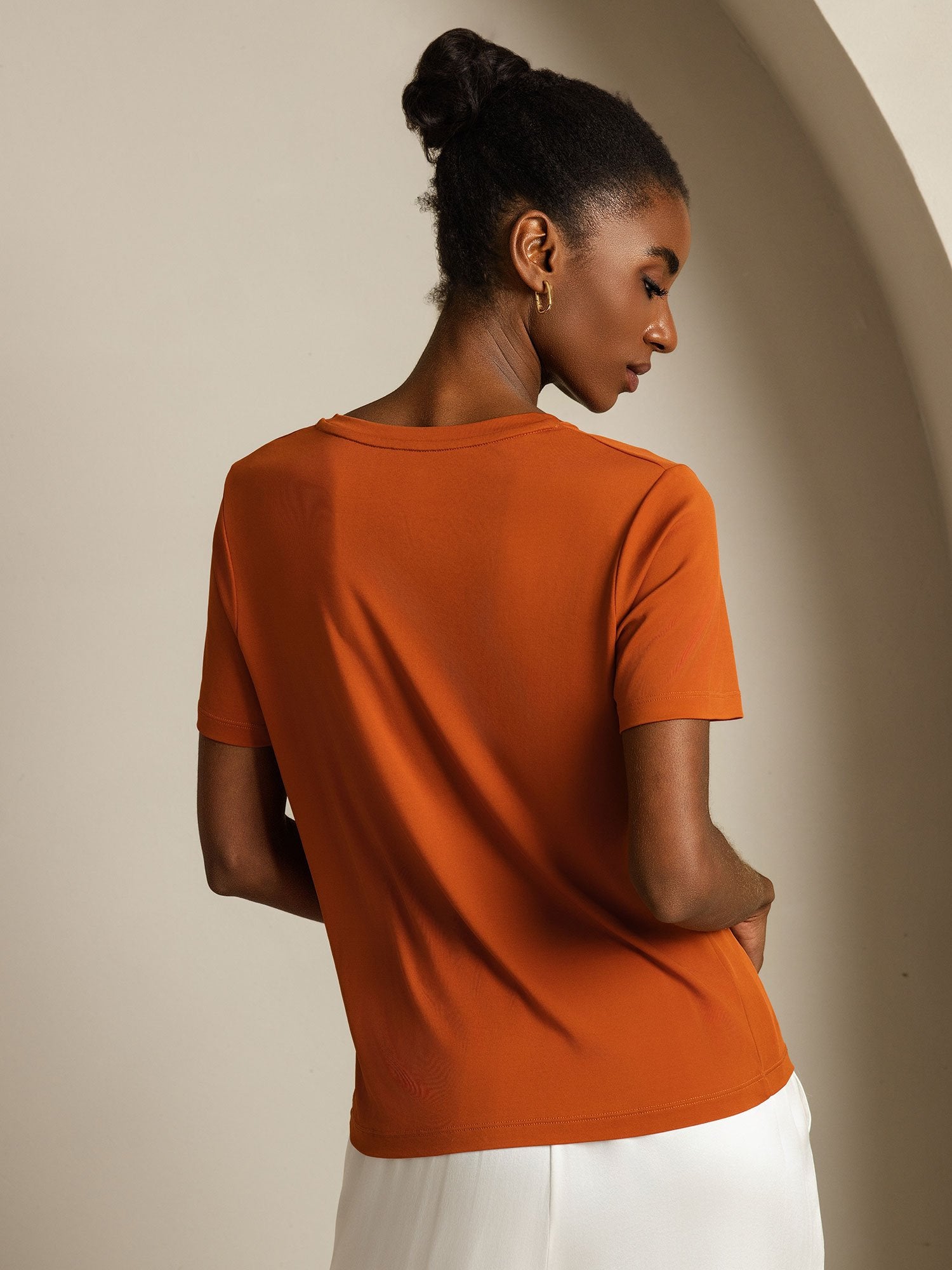 [Orange] SilkSilky-AU Pure Silk V Neck Women's T-Shirt 002